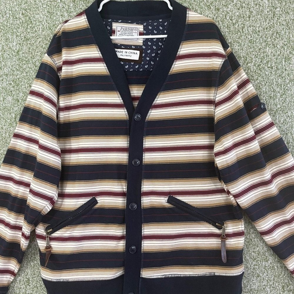 Parish Nation Jacket Men 2XL XXL Brown Striped Cardigan V Neck Elbow Patches Y2K